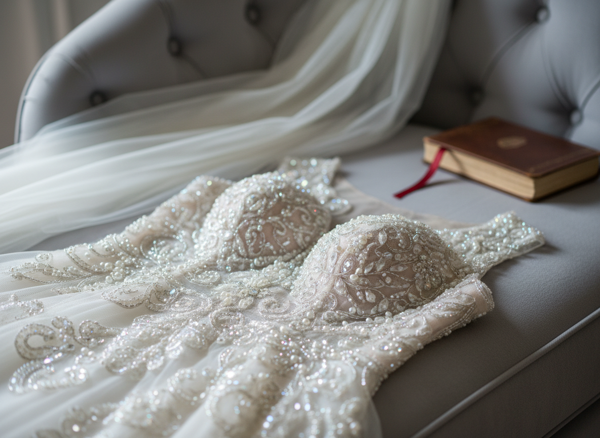 A close-up, detail-focused composition of a bridal gown’s bodice laid gently across a plush dove-gray chaise lounge. The camera lingers on the intricate beadwork: tiny crystals, seed pearls, and silver thread embroidered into swirling, floral patterns on sheer illusion tulle. In the softly blurred background, a silk veil pools over the lounge’s tufted buttons, and a closed, leather-bound journal with a satin ribbon bookmark rests nearby. Cool, diffused studio lighting from the left creates refined highlights along each bead and subtle, velvety shadows in the chaise’s upholstery. Photographed in high-resolution photographic realism with a very shallow depth of field, the mood is intimate, luxurious, and contemplative, inviting viewers to imagine the love story encoded in every stitch and sparkling detail.