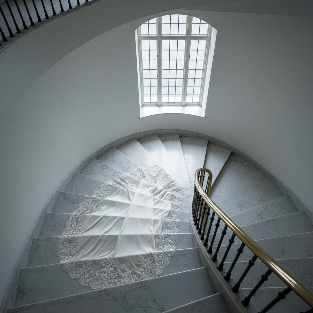 A meticulously styled scene of a wedding gown’s train spread across a grand, curved staircase of veined white marble. The train’s intricate lace edge follows the curve of the steps, each scallop perfectly aligned, while the heavier silk underlayer pools gracefully at the base. A polished brass handrail reflects subtle highlights, and a tall mullioned window across the landing allows cool, overcast daylight to wash the space with even, dignified illumination. Shot from a high vantage point looking downward in crisp photographic realism, the composition emphasizes the sweeping geometry of the staircase and the gown’s elegant arc. The atmosphere is architectural and sophisticated, suggesting a moment just before or just after a pivotal chapter in the gown’s unfolding story.