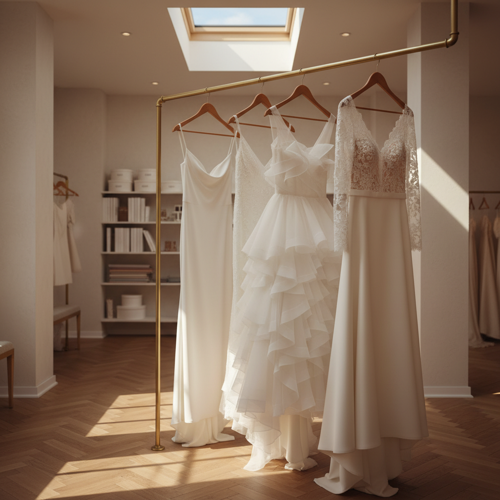 A row of wedding gowns on refined wooden hangers lines a brushed brass rail in a boutique with high ceilings and pale plaster walls. Each gown has a distinct personality: one minimalist crepe sheath, another with layered organza ruffles, and a third with intricate Chantilly lace sleeves. Beneath them, soft light spills over a herringbone oak floor, and in the distance, blurred shelves hold fabric swatch books and hat boxes. Late afternoon sunlight filters through a skylight, casting elongated, elegant shadows and highlighting the subtle differences in texture and tone between the gowns. Photographed from a three-quarter angle with moderate depth of field in sophisticated photographic realism, the mood is curated and editorial, suggesting an array of untold bridal stories waiting to be chosen.