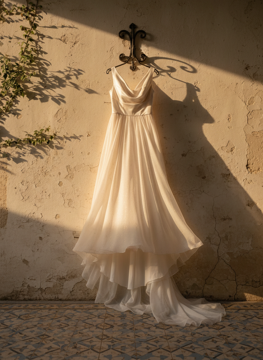 An elegant bridal gown hangs alone from an ornate wrought-iron hook on a weathered, pale stone wall in a historic courtyard. The dress is composed of whisper-thin chiffon, its skirt fluttering slightly as though stirred by a breeze, with a structured silk bodice and a subtle shimmer woven into the fabric. Below, the train grazes patterned encaustic tiles in muted blues and creams. Golden hour sunlight pours in from the side, casting elongated shadows of climbing ivy and creating a soft halo along the gown’s edges. Shot from a low, slightly off-center angle in crisp photographic realism, the composition uses the rule of thirds, evoking a sophisticated, almost cinematic still frame that hints at the romance of a ceremony just beyond the frame.