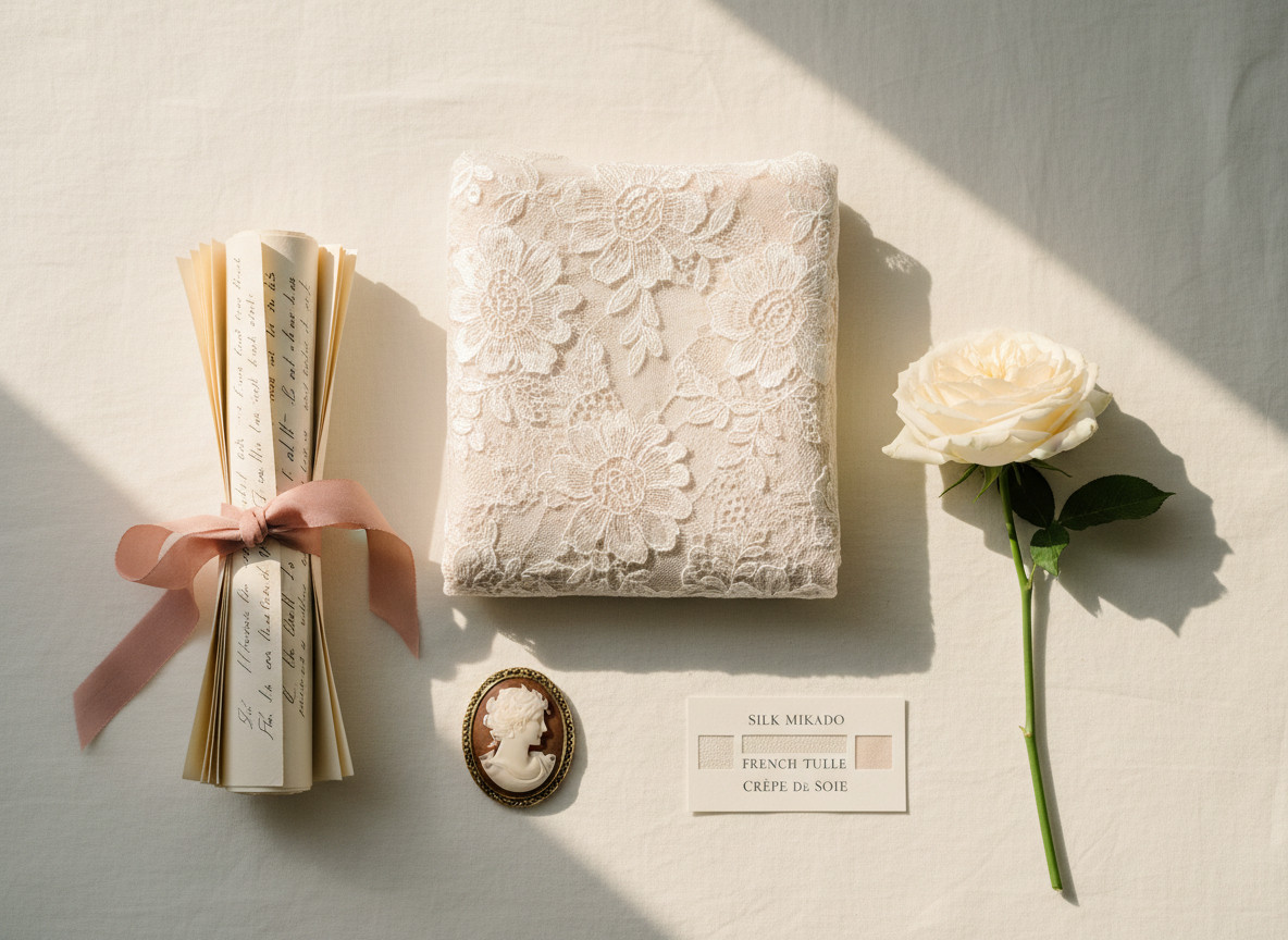 A refined flat-lay of carefully curated bridal memorabilia arranged on a smooth linen backdrop in soft ivory tones. At the center rests a folded panel of delicate lace from a wedding gown, its floral pattern clearly visible. Around it lie a silk ribbon-tied bundle of handwritten vows, a vintage cameo brooch, a single ivory rose, and a small swatch card labeled with fabric types from the dressmaker. Overhead, soft natural window light falls diagonally across the composition, creating gentle shadows and a serene gradient of brightness. Captured from a bird’s-eye view in clean photographic realism, the layout is balanced and uncluttered, exuding a sophisticated, editorial feel while subtly conveying the intimate narratives woven around the gown’s creation and the day it was worn.