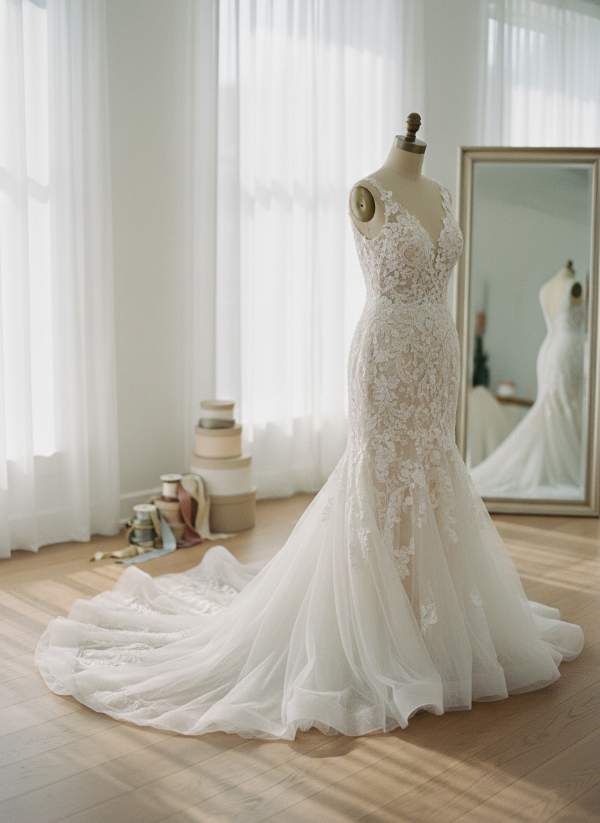 An intricately detailed lace wedding gown displayed on a vintage brass dress form, its train cascading over a pale oak floor. The gown features delicate floral appliqué, tiny pearl beading, and layers of soft tulle fanning outward like a cloud. It stands in the center of a minimalist bridal studio, surrounded by blurred hints of silk ribbons, hat boxes, and a full-length beveled mirror reflecting its silhouette. Soft morning light filters through tall sheer-curtained windows, creating a gentle, luminous glow on the fabric and subtle shadows along the hem. Photographed at eye level with a shallow depth of field in refined photographic realism, the mood is sophisticated, romantic, and quietly reverent, emphasizing the gown as the keeper of an untold story.