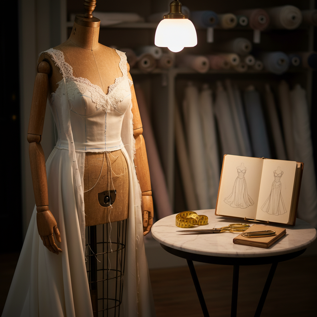 An antique wooden dressmaker’s mannequin stands in a tailored studio corner, draped with an in-progress wedding gown. Muslin pattern pieces are pinned neatly, with chalk markings tracing future seams, and a delicate strip of lace is basted along the neckline. On a nearby marble-topped side table rest gold-handled shears, a measuring tape, and a neatly stacked sketchbook showing faint gown illustrations. Overhead, a single frosted glass pendant casts warm, focused light, creating dramatic yet soft-edged shadows on the mannequin and tools. Captured at eye level in richly detailed photographic realism, with a shallow depth of field softening the studio’s background shelves of fabric bolts, the mood is quiet, precise, and sophisticated, emphasizing the gown as a story still being written in thread and fabric.