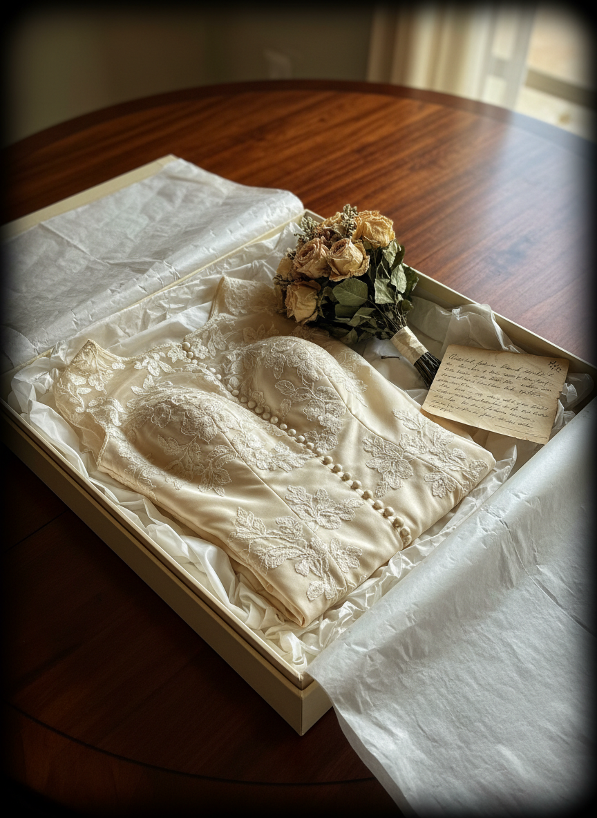 A carefully preserved wedding dress lies in an open archival box lined with tissue paper on a dark walnut table. The satin bodice, slightly aged to a warm ivory, shows intricate hand-stitched details and a row of tiny silk-covered buttons down the back. A pressed bouquet of pale roses and a delicately handwritten note rest beside it, their edges softly worn. Diffused afternoon light from an unseen window grazes the scene, highlighting the gentle folds of fabric and creating tender shadows in the creases. Captured from a slightly elevated angle in photographic realism, with gentle vignetting around the edges, the atmosphere is nostalgic and refined, suggesting decades of cherished memories surrounding this gown’s quiet story.